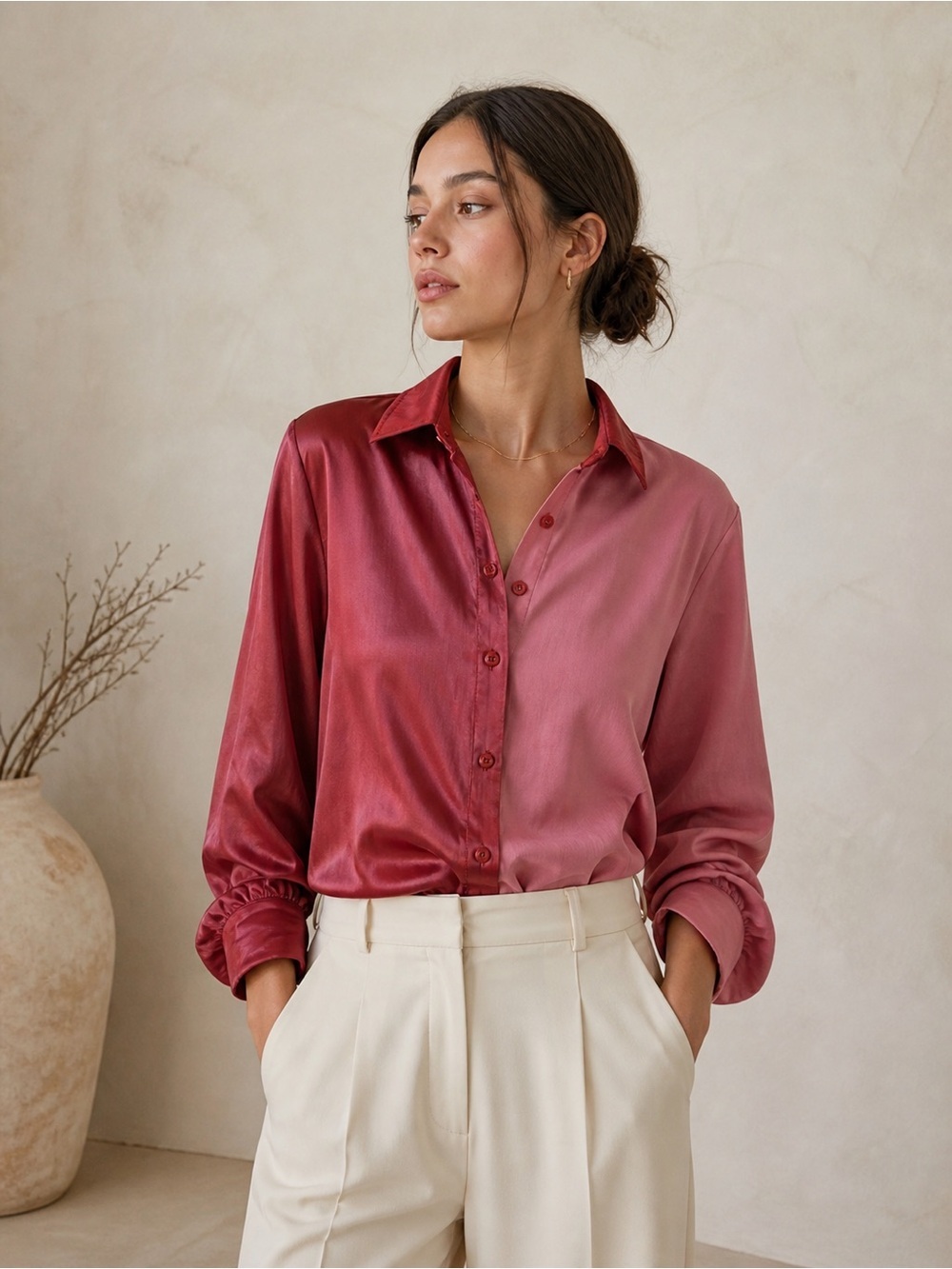 Glam Apparel | Women's Chic Contrast Botton Down Long Sleeve Blouse Size L
